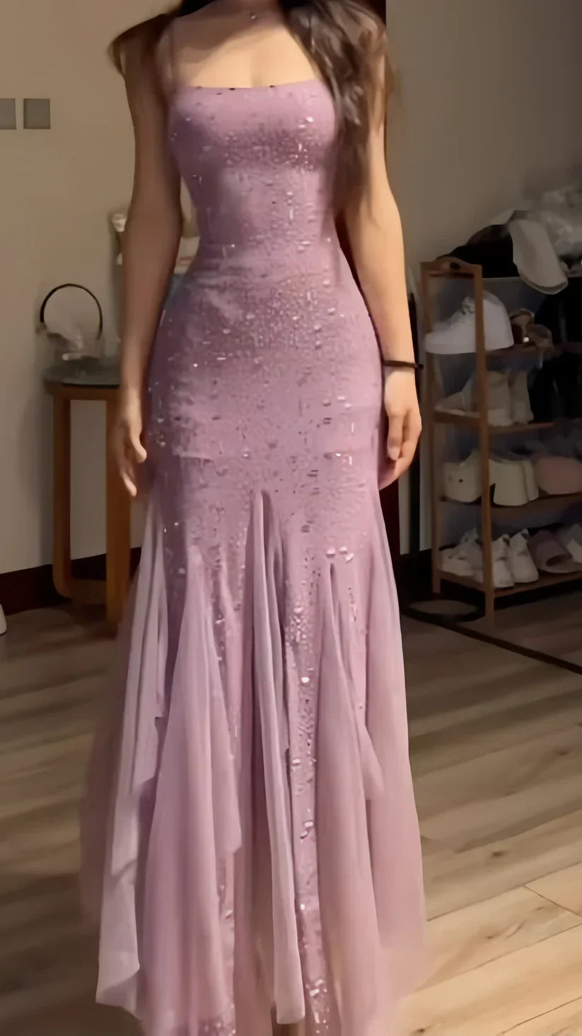 Elegant Purple Mermaid Off-shoulder Strap Sequin Chiffon Long Prom Dress Evening Dress