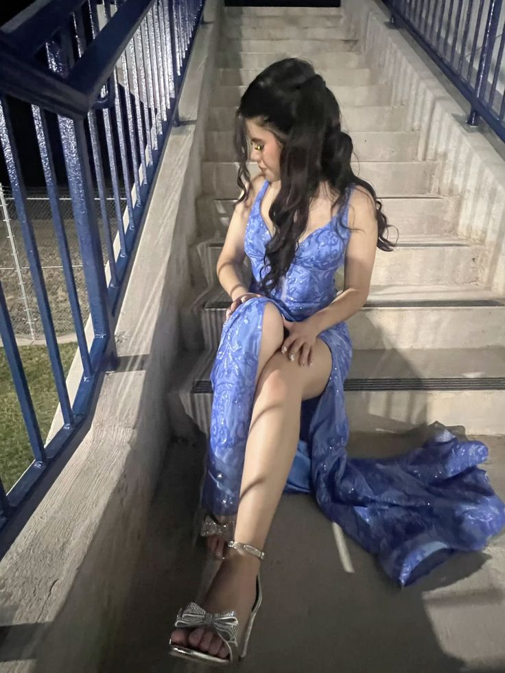 Beautiful Blue Mermaid Deep V-neck Strap Slit Sequin Embroidery Long Prom Dress Evening Dress