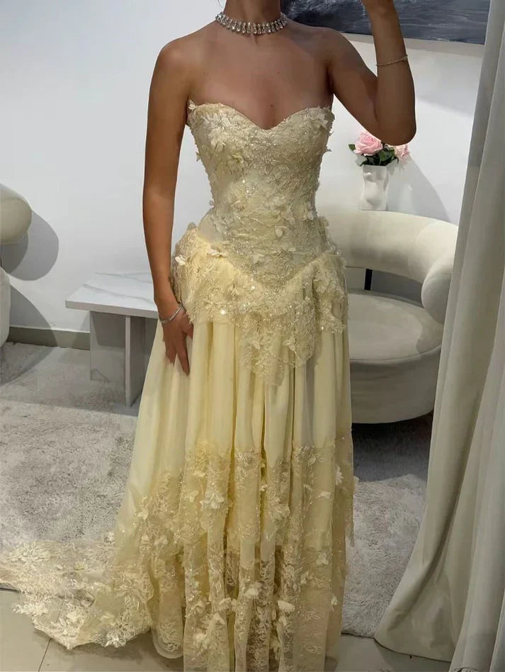 Vintage Yellow A-line Lace Train Prom Dress Evening Dress