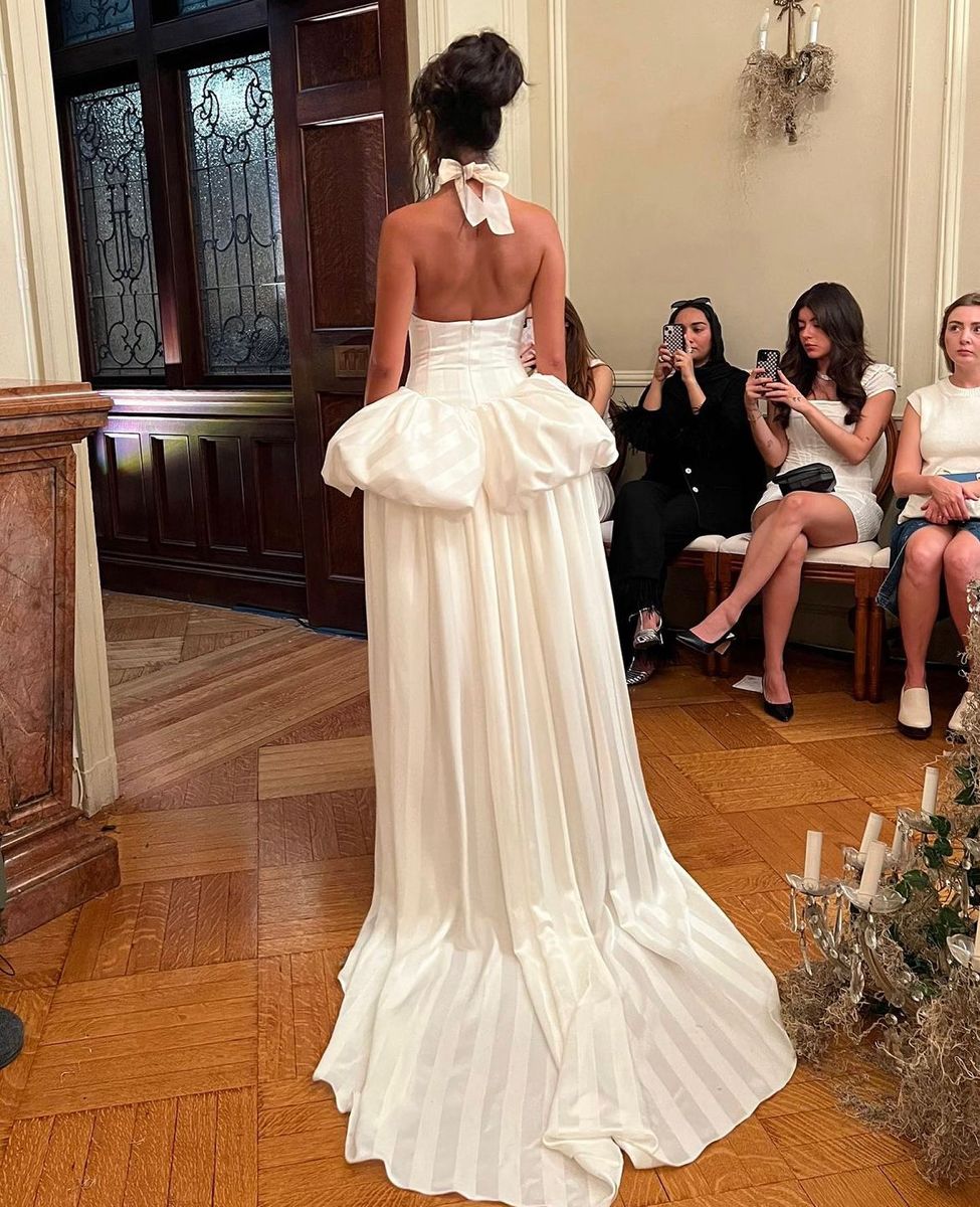 Vintage White Strapless Bow Tie Satin Train Evening Dress Wedding Dress - View 5 | FashionDia