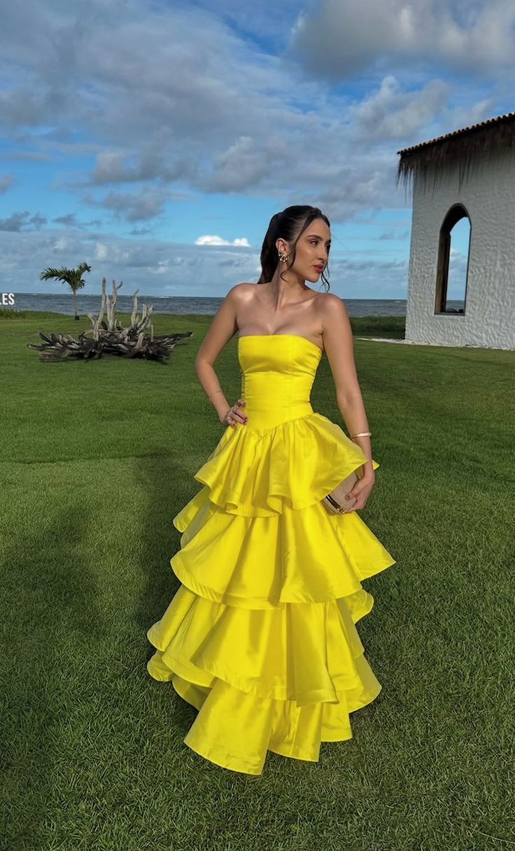 Elegant Yellow A-line Strapless Multi-layered Ruffled Satin Long Prom Dress Evening Dress