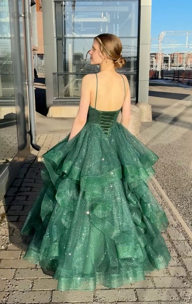Shimmering Dark Green A-Line Halter V-Neck Ruffle Sequined Long Prom & Evening Dress - View 3 | FashionDia