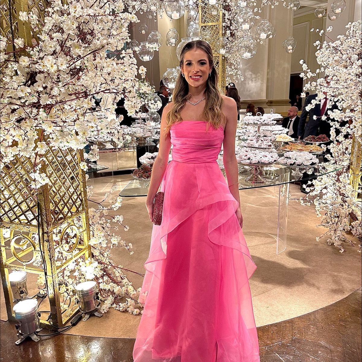 Elegant Rose Pink A-Line Irregular Tube Top Organza Long Prom & Evening Dress - FashionDia
