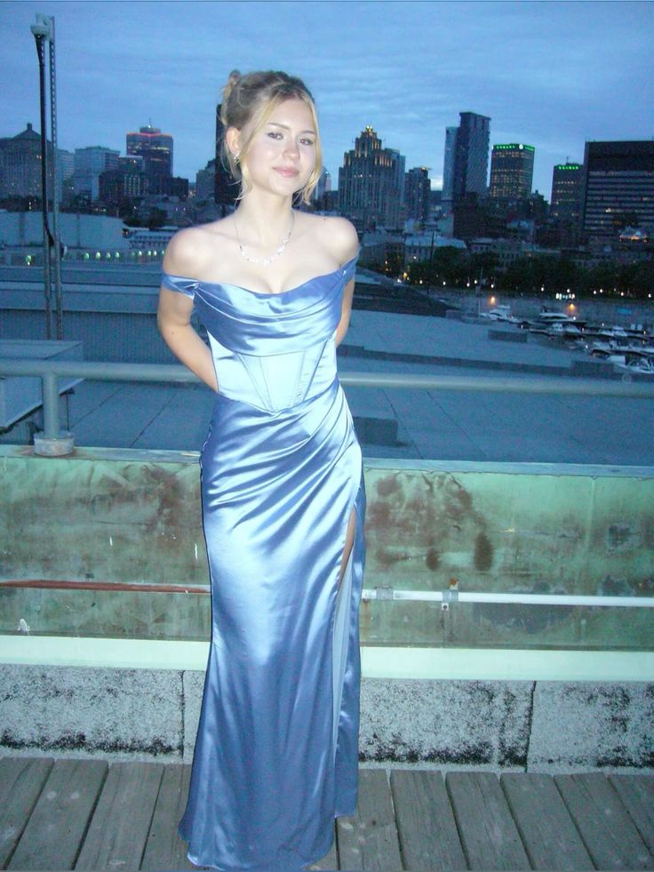 Elegant Blue Mermaid Off-Shoulder Slit Satin Long Prom & Evening Dress - View 3 | FashionDia
