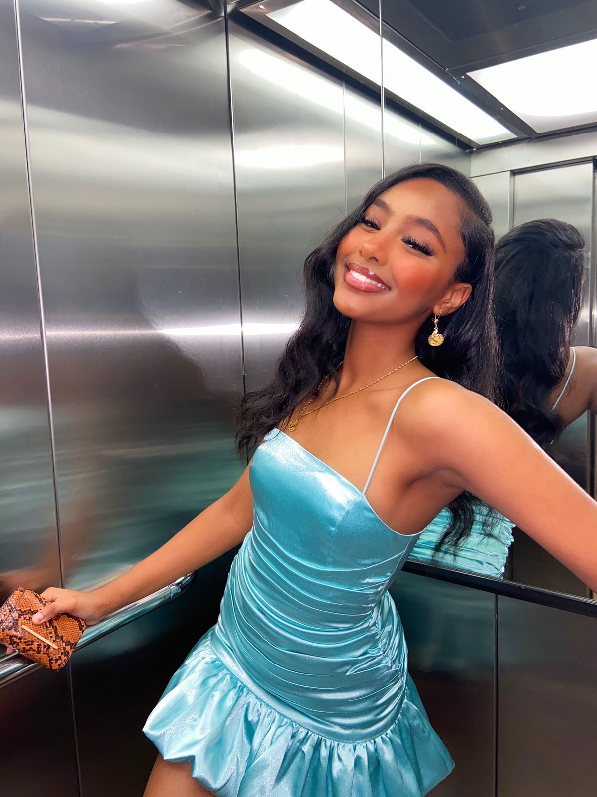 Simple Sky Blue Suspender Square Neck Pleated Bud Satin 16th Birthday Homecoming Dress cc4305