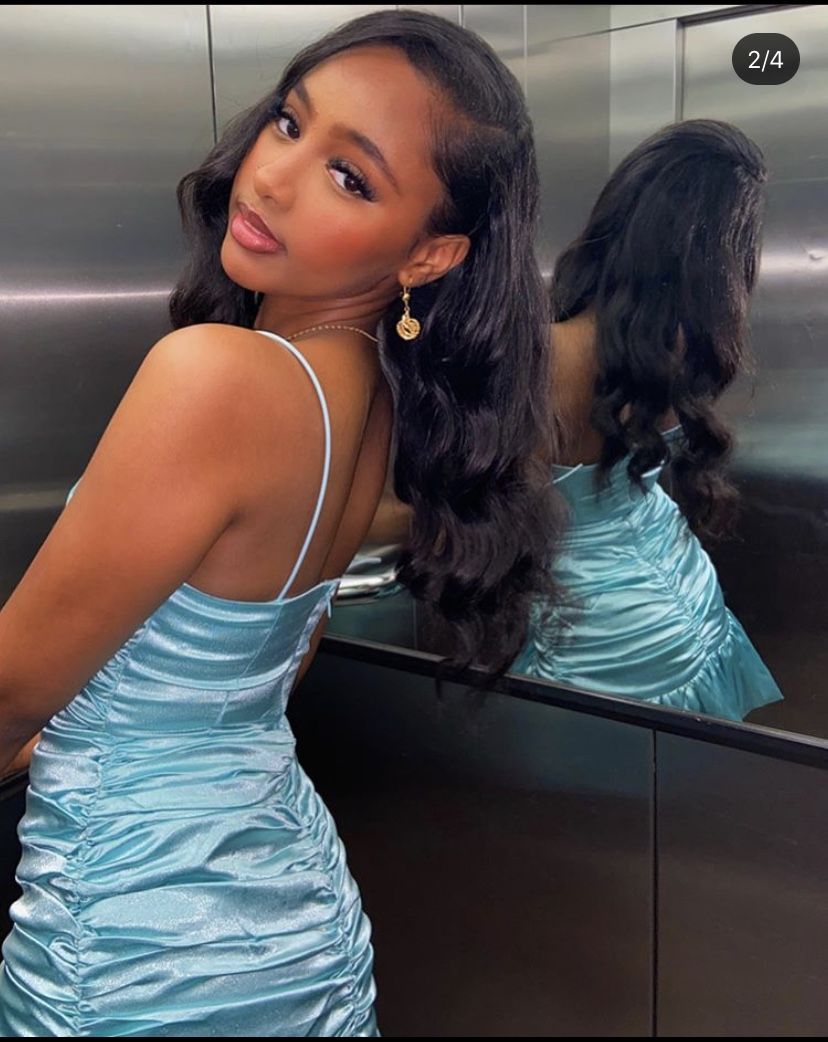 Simple Sky Blue Suspender Square Neck Pleated Bud Satin 16th Birthday Homecoming Dress cc4305