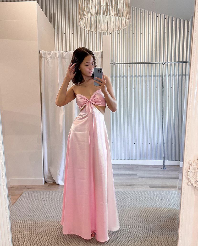 Simple Pink A-line Strapless Cutout Satin Long Prom Dress Evening Dress Bridesmaid Dress
