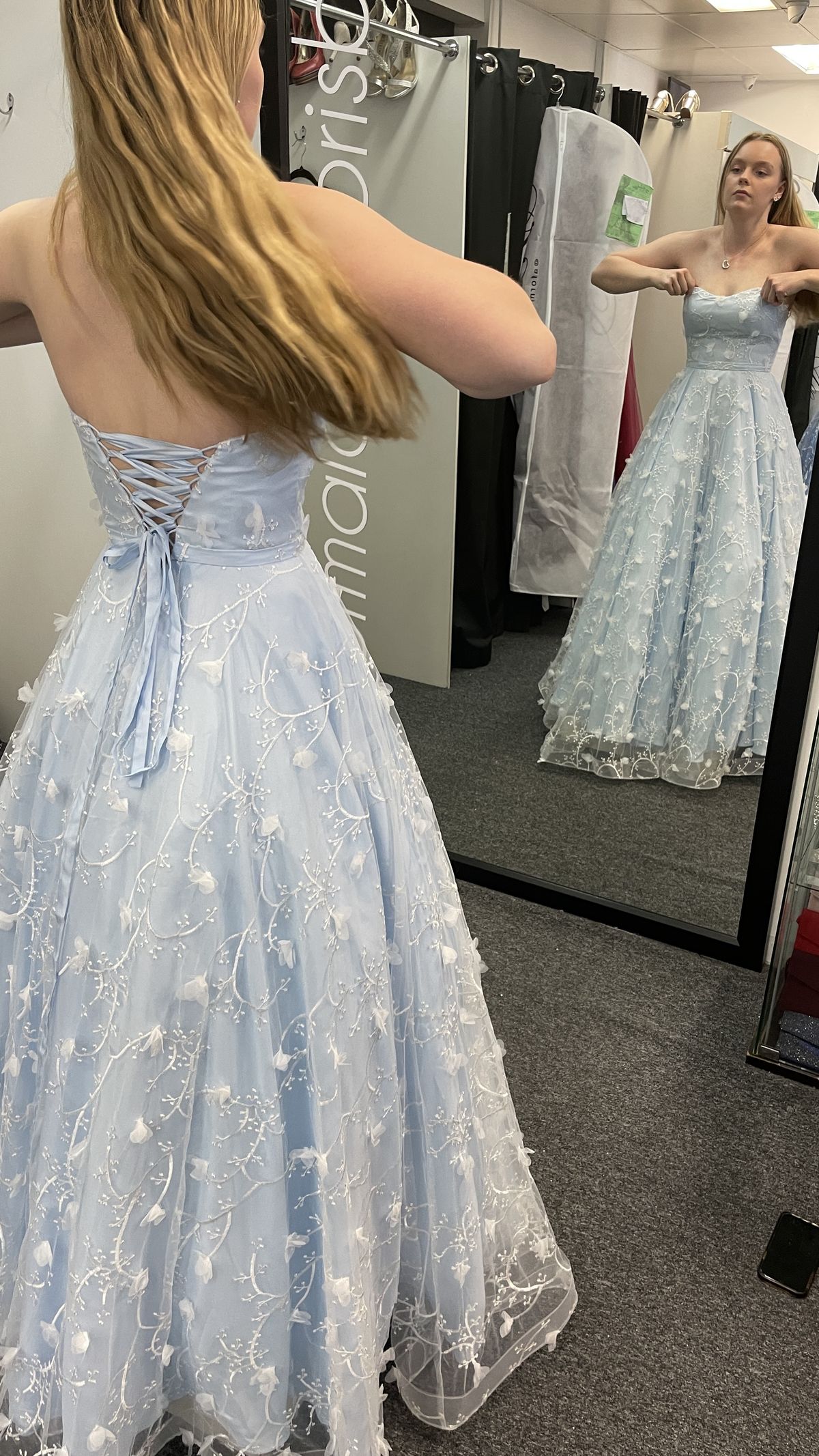Elegant Light Blue A-line Strapless Embroidered Tulle Long Prom Dress Evening Dress