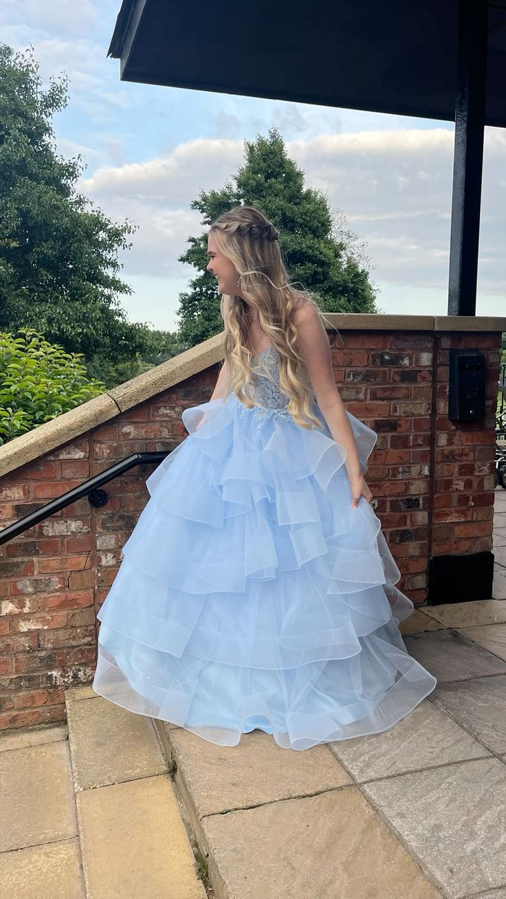 Sweet Light Blue A-Line V-Neck Layered Tulle Long Prom & Evening Dress - View 4 | FashionDia