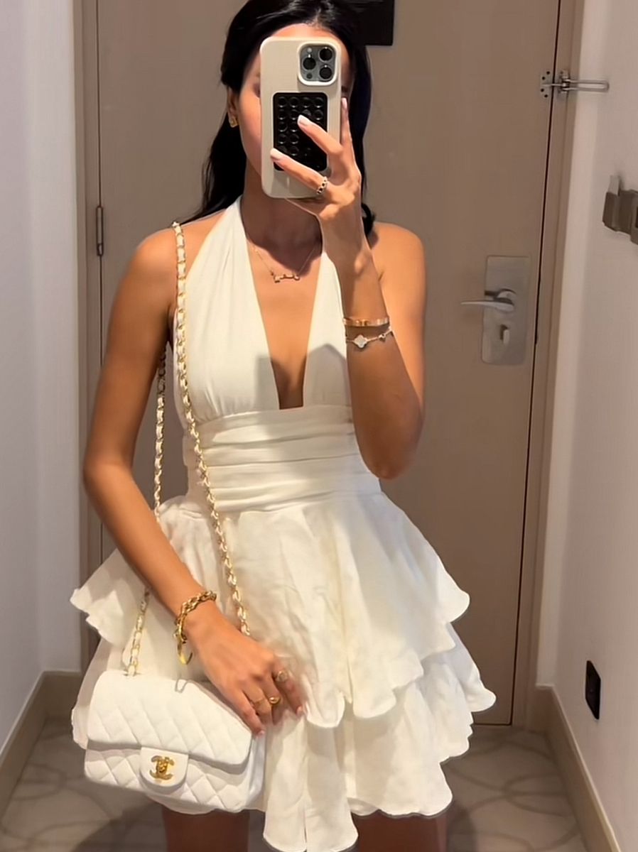 Elegant White Deep V Halter Neck Ruffled A-line 17th Birthday Homecoming Dress