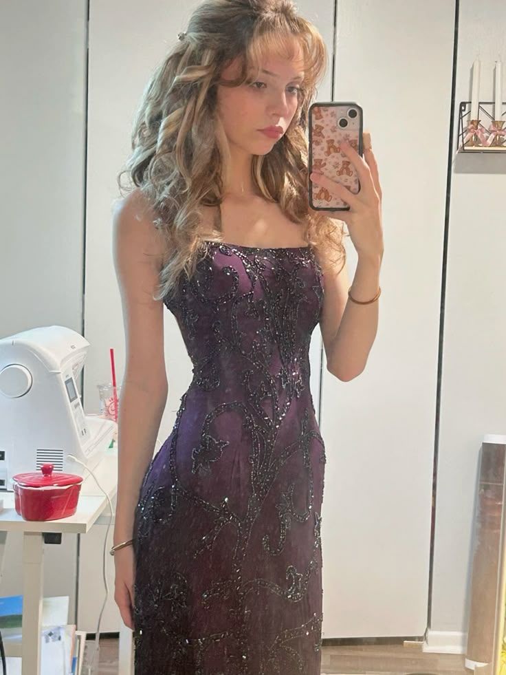 Vintage Deep Purple Mermaid Square Neck Embroidered Slit Long Prom Dress Evening Dress