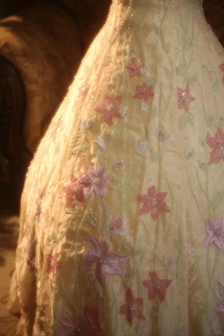 Vintage Yellow A-Line Spaghetti Strap Beaded Floral Satin Long Prom & Evening Dress - View 8 | FashionDia
