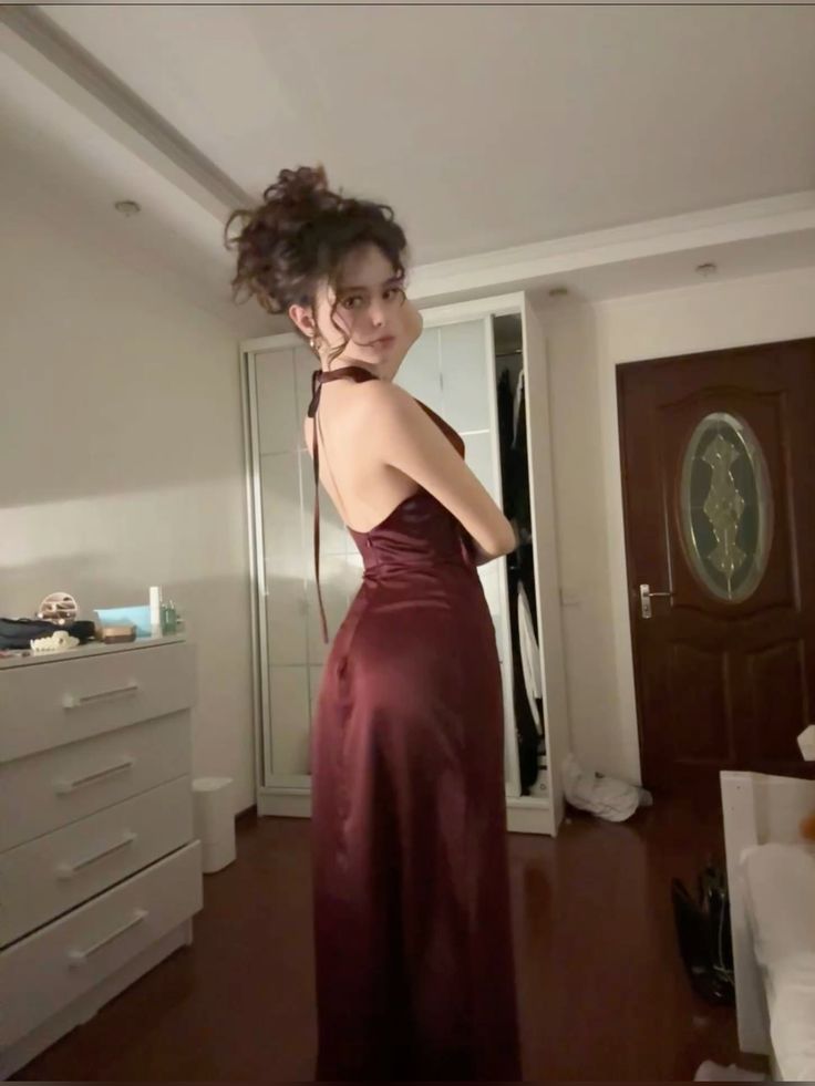 Elegant Burgundy Mermaid Halter Neck Backless Satin Long Prom & Evening Dress - View 2 | FashionDia