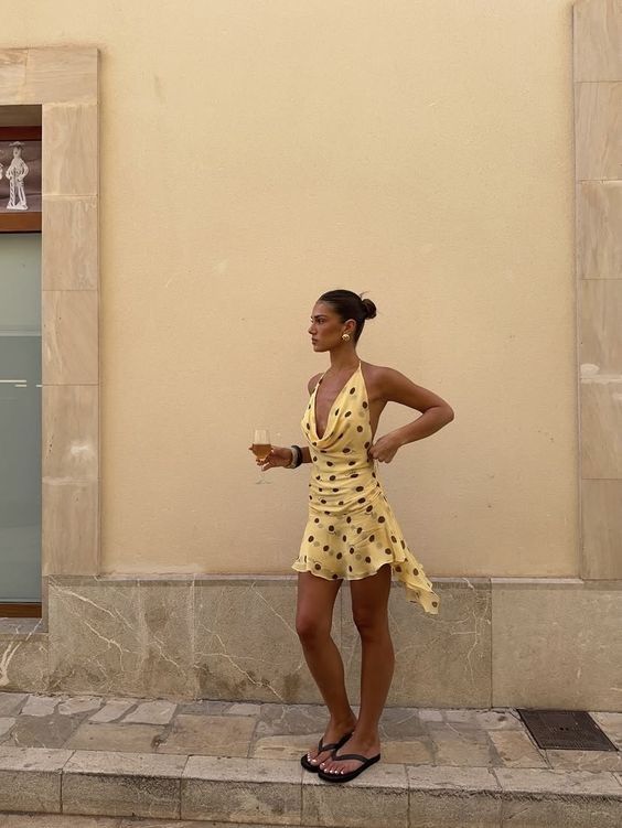 Retro Yellow And Brown Dot Halter Neck Irregular Ruffle Chiffon Birthday Party Homecoming Dress cc4331