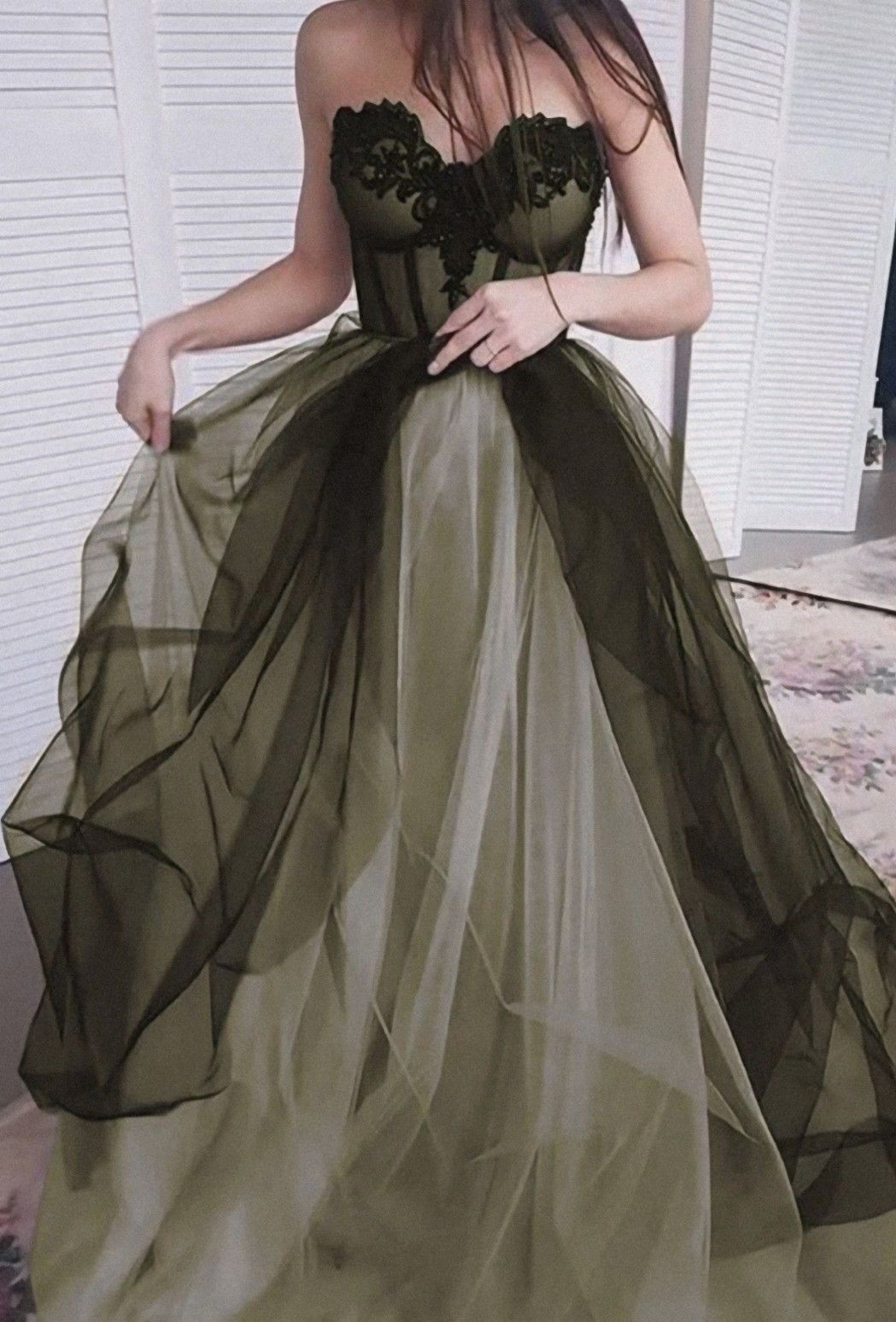 Dark Olive Green A-line Sweetheart Neckline Tulle Train Prom Dress Evening Dress