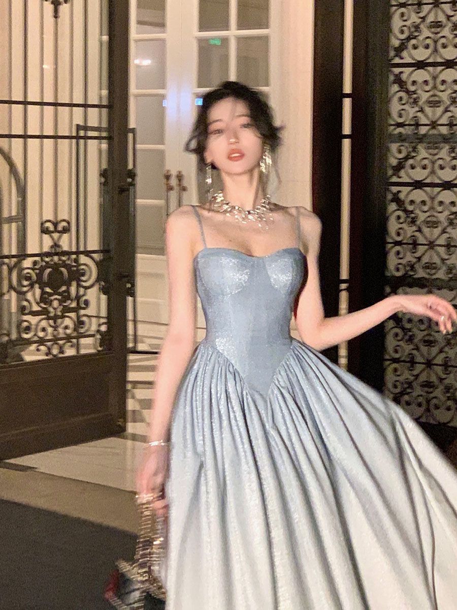 Dreamy Light Blue A-line Spaghetti Strap Sequins Long Prom Dress Evening Dress