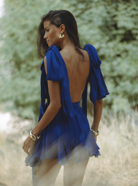 Stunning Royal Blue Deep V-Neck, Open-Back A-Line Chiffon 19th Birthday Homecoming Dress - View 4 | FashionDia