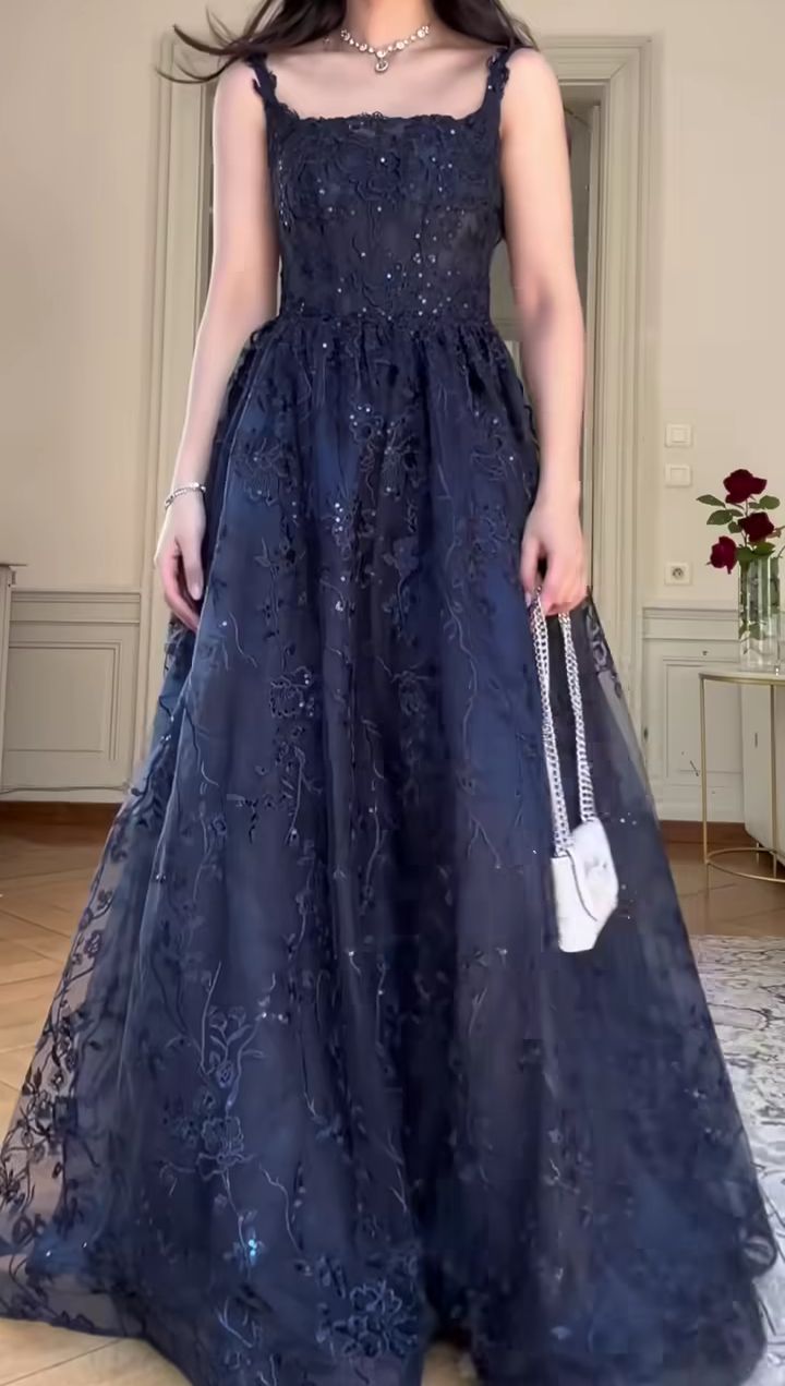 Retro Elegant A-line Navy Blue Square Neck Lace Long Prom Dress Evening Dress