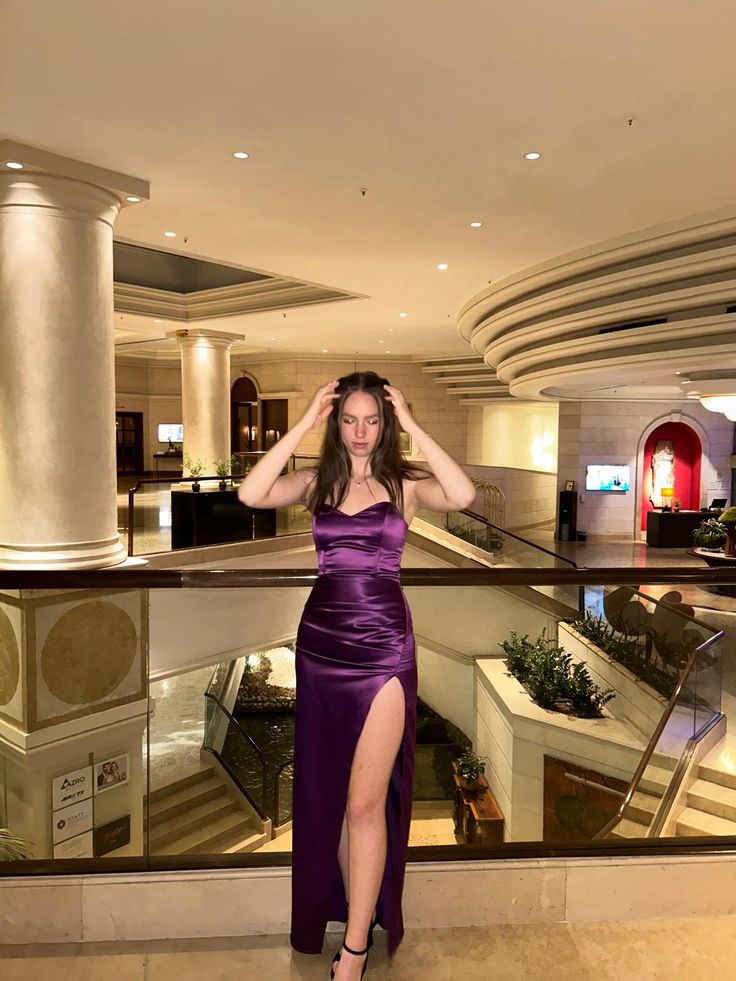 Elegant Purple Fitted High Slit Strapless Satin Long Prom & Evening Dress - View 3 | FashionDia