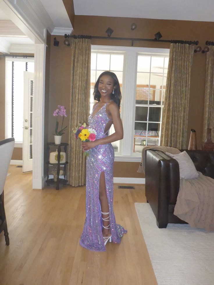 Sparkling Purple Mermaid V-Neck High Slit Sequined Long Prom & Evening Dress - View 2 | FashionDia