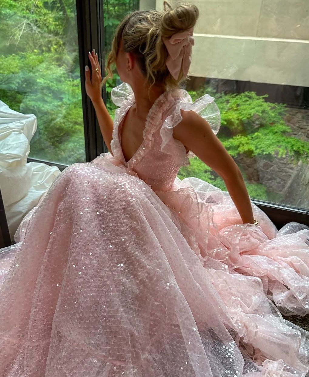 Princess Pink A-line V-neck Ruffled Sequined Tulle Long Prom Dress Evening Dress
