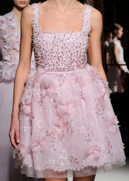 Sweet Light Pink Square Neck 3D Flower Sequin Lace Birthday Party Homecoming Dress - View 3 | FashionDia