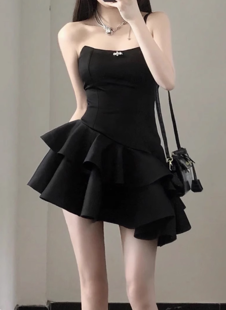 Elegant Black Satin Tube Top Irregular Birthday Tutu Homecoming Dress