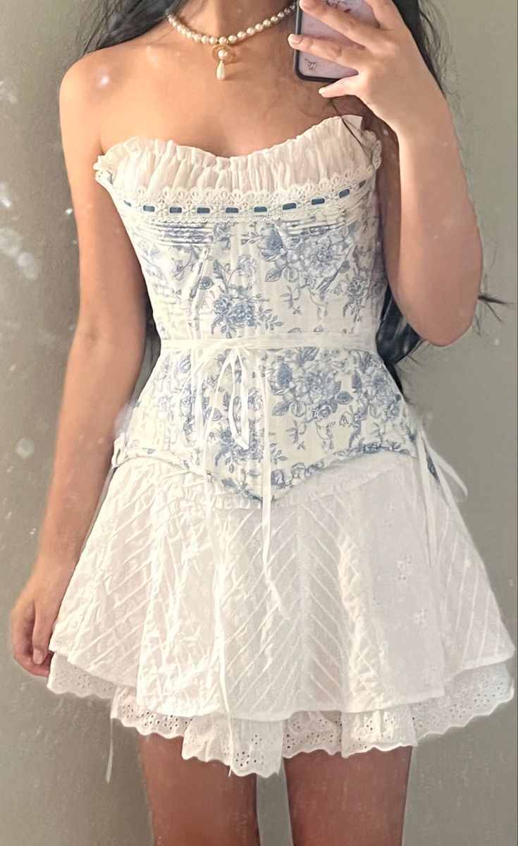 Sweet White And Blue Printed Lace Waist A-line 16th Birthday Homecoming Dress