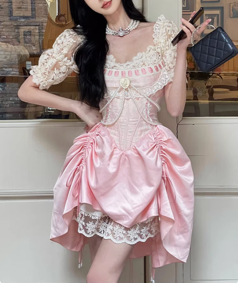 Sweet Pink Lace Short Sleeve Herringbone Short A-line 17th Birthday Homecoming Dress
