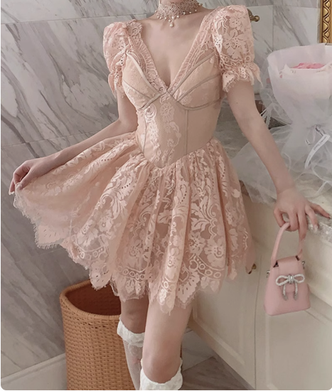 French Palace Lace V-Neck Short Sleeve A-Line Pink 17th Birthday Homecoming Dress - View 3 | FashionDia
