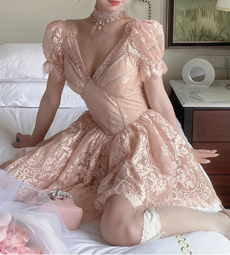 French Palace Lace V-Neck Short Sleeve A-Line Pink 17th Birthday Homecoming Dress - View 4 | FashionDia