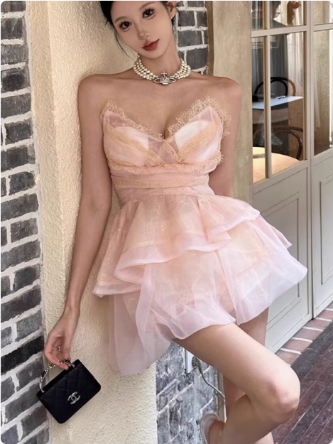 Cute Puffy Pink V-Neck Mini Birthday Dress Homecoming Dress - View 3 | FashionDia