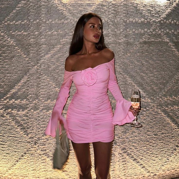 Sweet Pink One Shoulder Long Sleeve Homecoming Dress