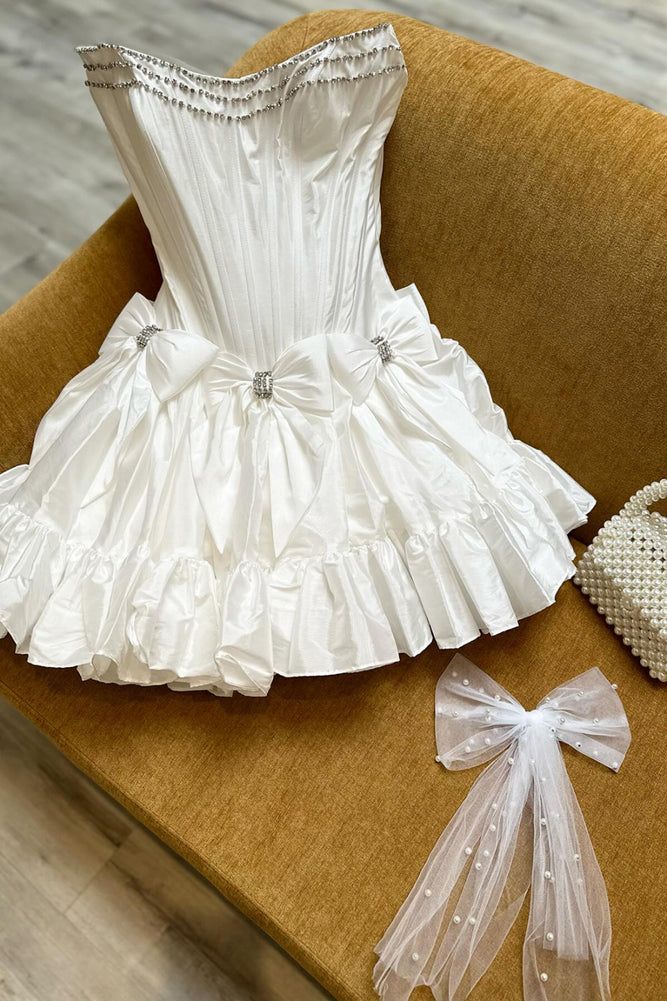 Sweet White Tube Top Bow A-Line 17th Birthday Homecoming Dress