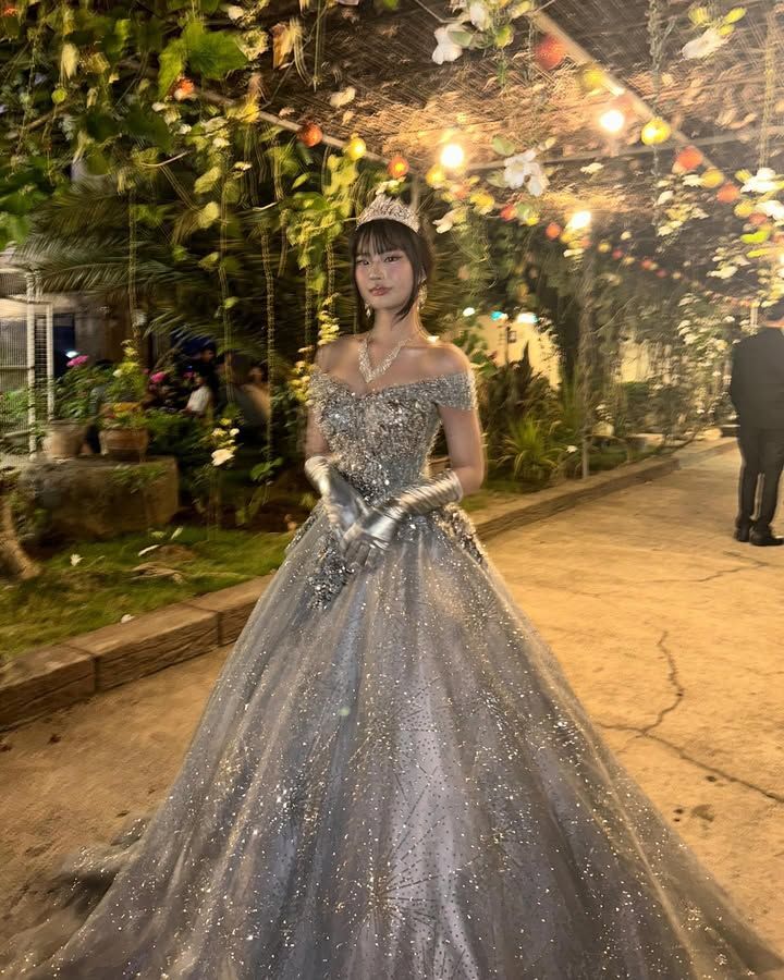 Dreamy Princess Silver-Gray Off-Shoulder Sequined Tulle Ball Gown Evening Dress Sweet 16 Dress - View 3 | FashionDia