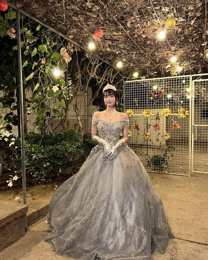 Dreamy Princess Silver-Gray Off-Shoulder Sequined Tulle Ball Gown Evening Dress Sweet 16 Dress - View 4 | FashionDia