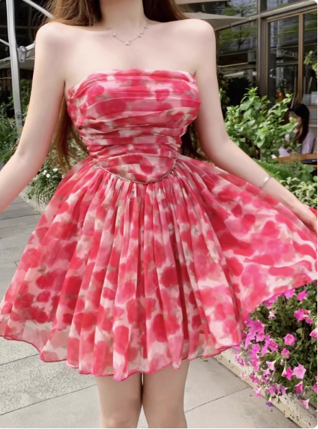 Beautiful Floral Tube Top Pink Tulle A-Line Birthday Dress Homecoming Dress - View 3 | FashionDia