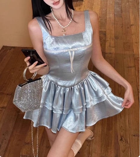 Blue Cake Skirt Short Square Neck Satin 17th Birthday Homecoming Dress