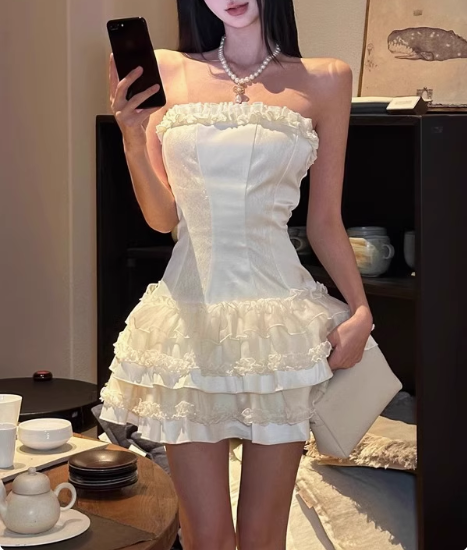 Sweet White Cake Puffy Satin Lace Stitching Tube Top Short Birthday Dress Homecoming Dress - View 2 | FashionDia