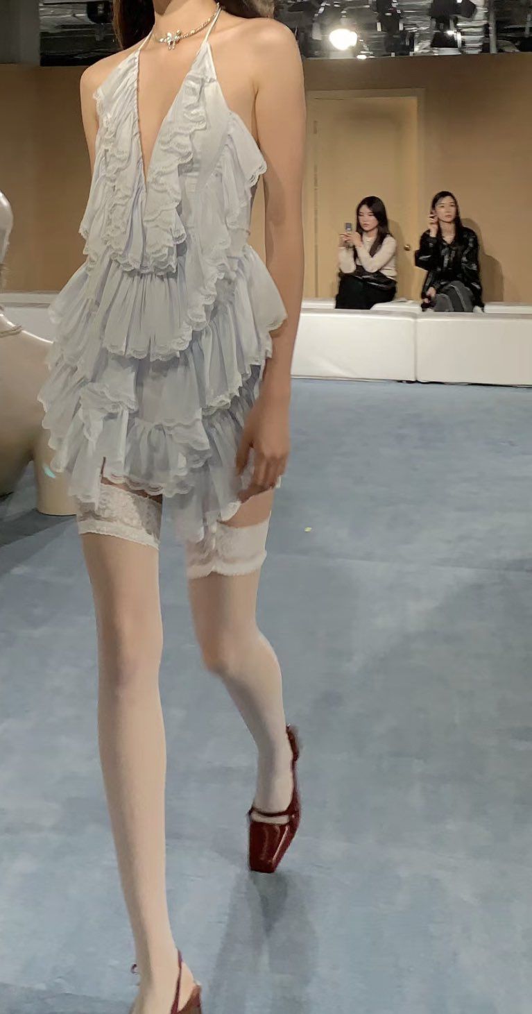 Sweet Deep V Halter Neck Multi-layered Ruffle Chiffon Birthday Party Homecoming Dress cc4366