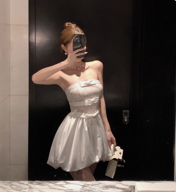 Sweet White Tube Top Bow Lace Satin Bud Birthday Short Skirt Homecoming Dress - View 2 | FashionDia