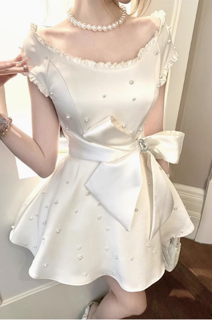 Heavy Pearl Satin Bow A-Line Birthday Dress Homecoming Dress - FashionDia