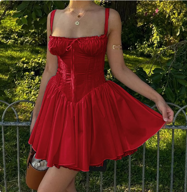 French Ballet Style Tie Waist Suspenders Red Mini Birthday Dress Homecoming Dress - FashionDia