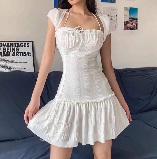 Sexy Low-cut Ruffled Waist Halter Neck A-line 17th Birthday Homecoming Dress