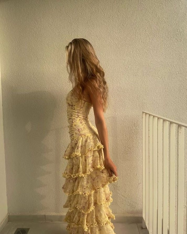 Sweet Yellow Floral Print Strapless A-line Chiffon Long Prom Dress Evening Dress