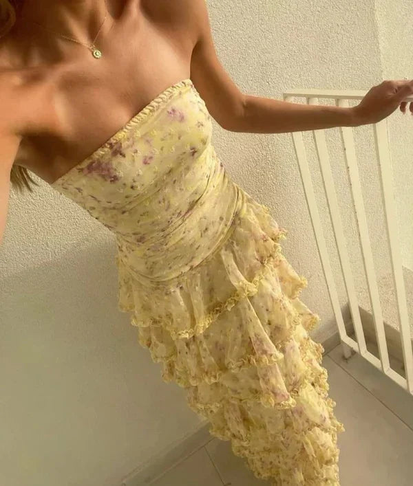 Sweet Yellow Floral Print Strapless A-Line Chiffon Long Prom & Evening Dress - View 2 | FashionDia