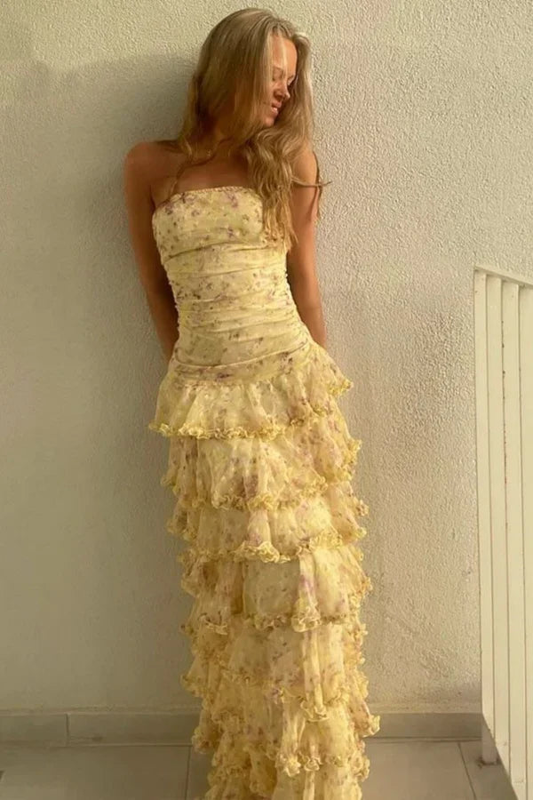 Sweet Yellow Floral Print Strapless A-Line Chiffon Long Prom & Evening Dress - View 3 | FashionDia