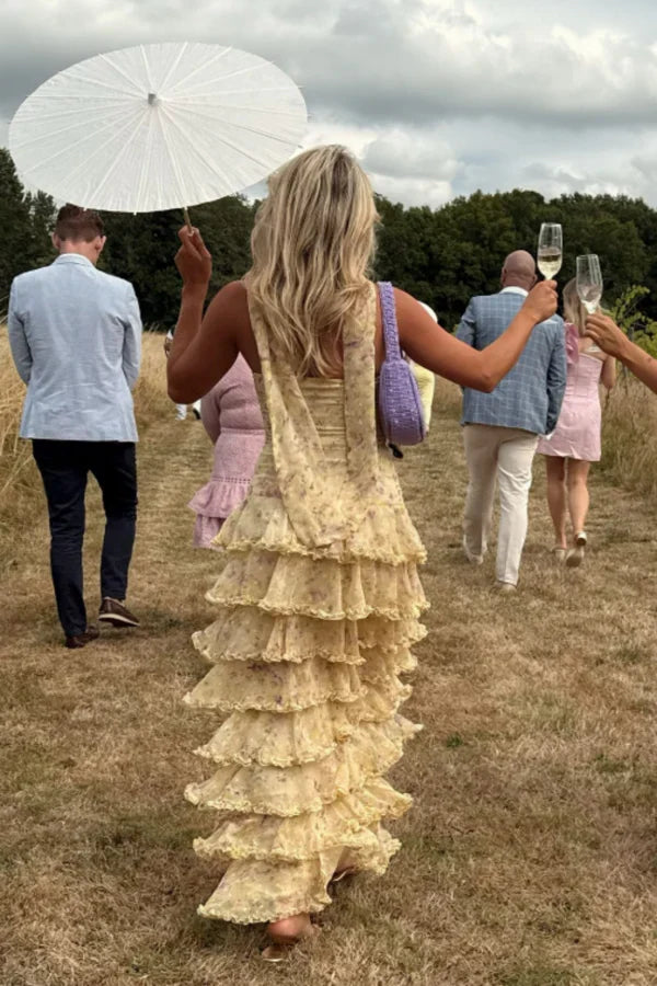 Sweet Yellow Floral Print Strapless A-Line Chiffon Long Prom & Evening Dress - View 5 | FashionDia