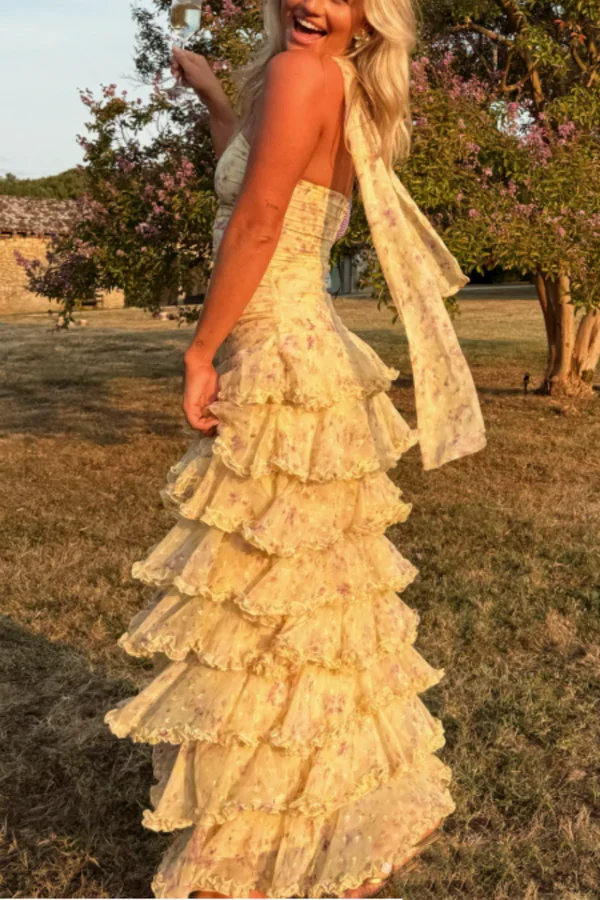 Sweet Yellow Floral Print Strapless A-Line Chiffon Long Prom & Evening Dress - View 6 | FashionDia