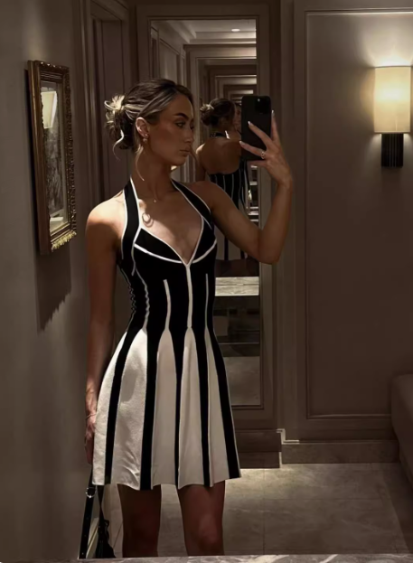 Sexy Low Cut Backless Halter Neck Striped Waist A-Line Homecoming Dress - View 3 | FashionDia